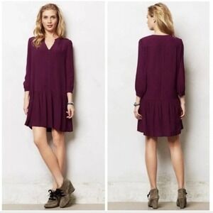 Anthropologie Maeve Galina dress Plum Purple Drop Waist With Pockets Sz small